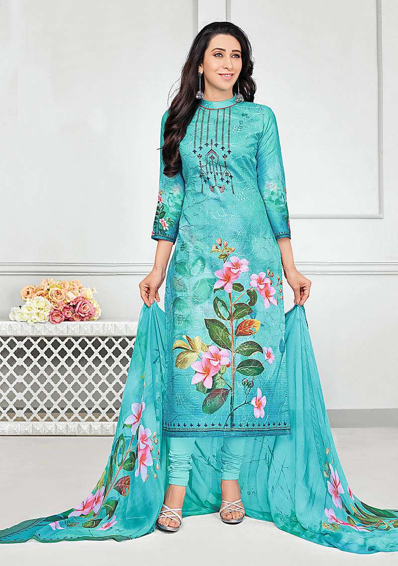 Sky Blue Glaze Cotton Printed & Aari Work Women's Salwar Suit